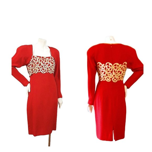 Adelle Simpson Vintage Dresses & Skirts - 1980s Vintage Lipstick Red Fitted Cocktail Dress With Gold Trim & Shoulder Pads